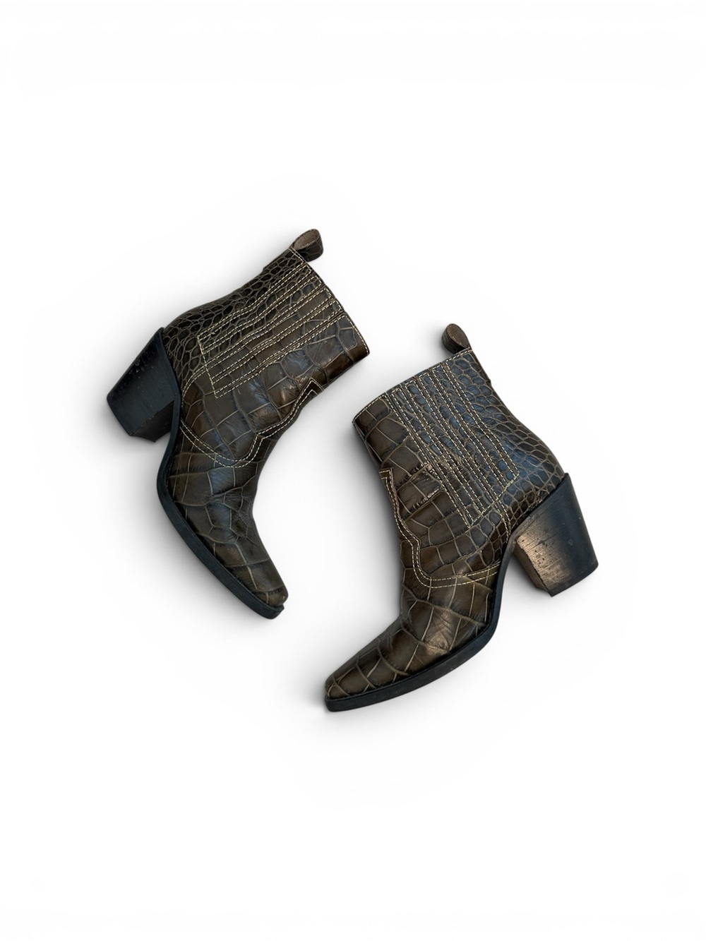 Ganni Croc-Embossed Western Ankle Boots - Dark Brown